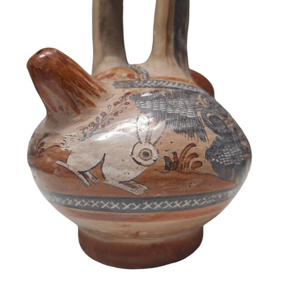 Tonala Pottery Double Spout Water Jug Rabbit Floral Agave Design Mexico Folk Art - Picture 3 of 14